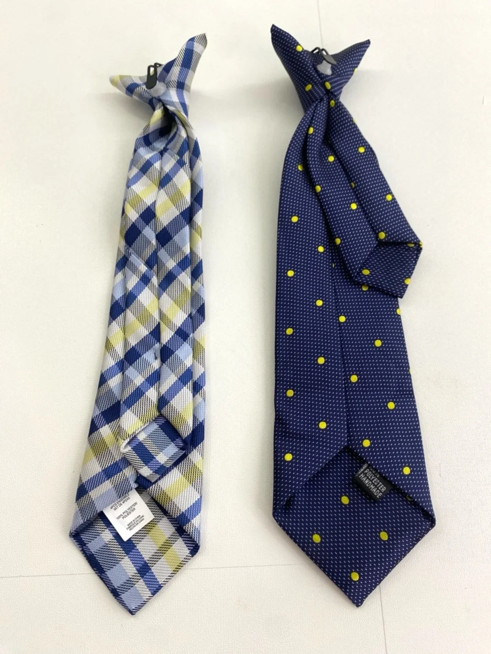 Boys Navy Blue Yellow Clip-on Necktie Lot of 2 Kids Accessories Plaid Polka Dots